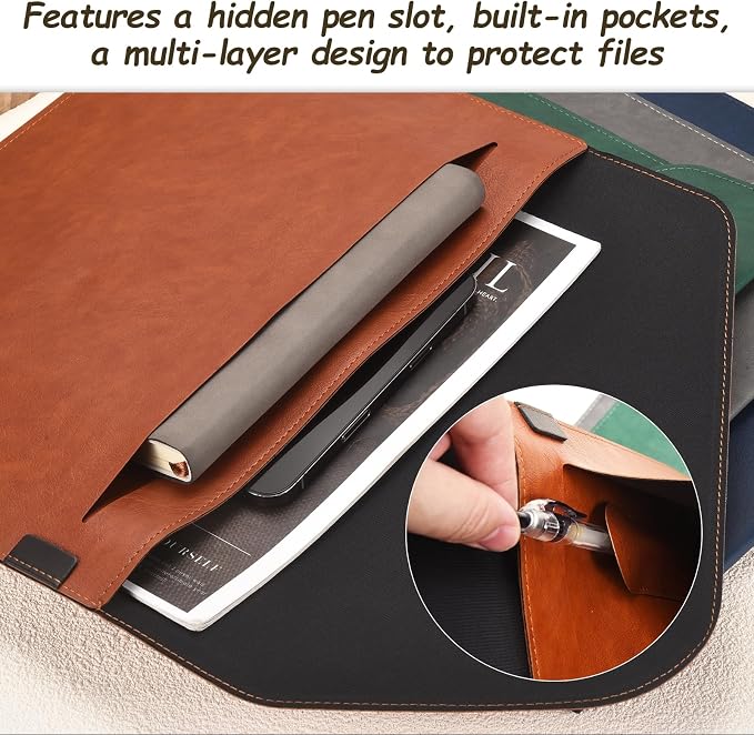 PATIKIL 2Pcs Leather Folder, 14x10 Leather Document Holder File Folder PU Pouch Bag Portfolio File Organizer Handbag Button Personal Envelope Waterproof for Traveling Men Gift, Brown