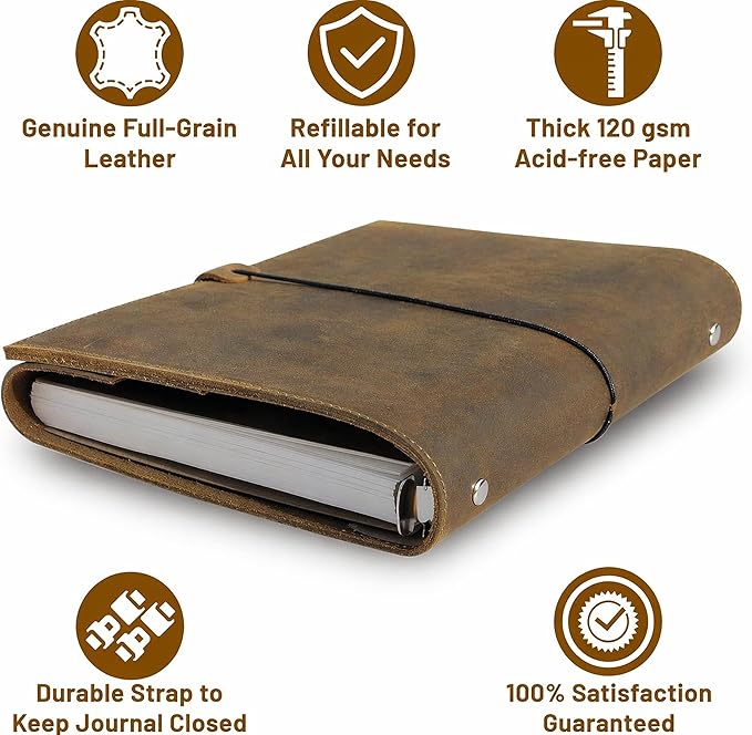 WANDERINGS A5 Leather Binder Planner - Refillable 6 Ring Journal with Inner Pockets - Hand-Crafted Genuine Leather Organizer- Filofax Compatible. 2026/27 Monthly Weekly Calendar with Notes - 6"x8.5"