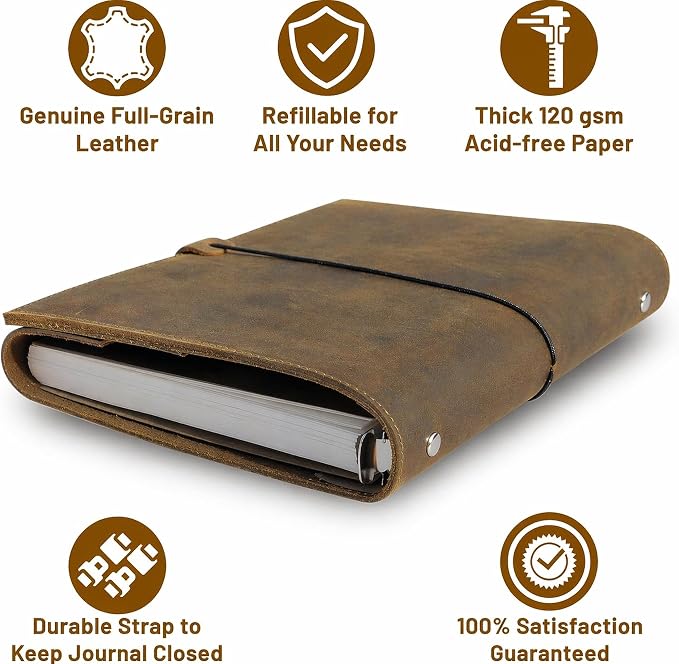 Wanderings A5 Leather Binder Planner - Refillable 6 Ring Journal with Inner Pockets - Hand-Crafted Genuine Leather Organizer- Filofax Compatible. 2026/27 Monthly Weekly Calendar with Notes - 6" x 8.5"