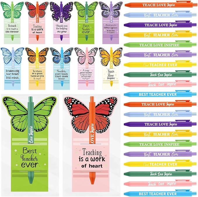 Fuyoooo 50 Set Teacher Appreciation Pens Bulk Thank You Gift Thank You for Helping Me Grow Inspirational Ballpoint Pens with Cards for School Office Supplies(Butterfly)