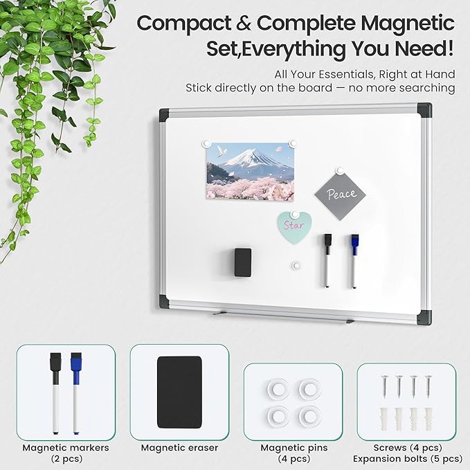 Magnetic White Board 24" x 18" for Wall, Dry Erase Board for Home Office, School, Study Room – Silver Aluminum Frame, 2 Markers, 4 Magnets, Eraser Included