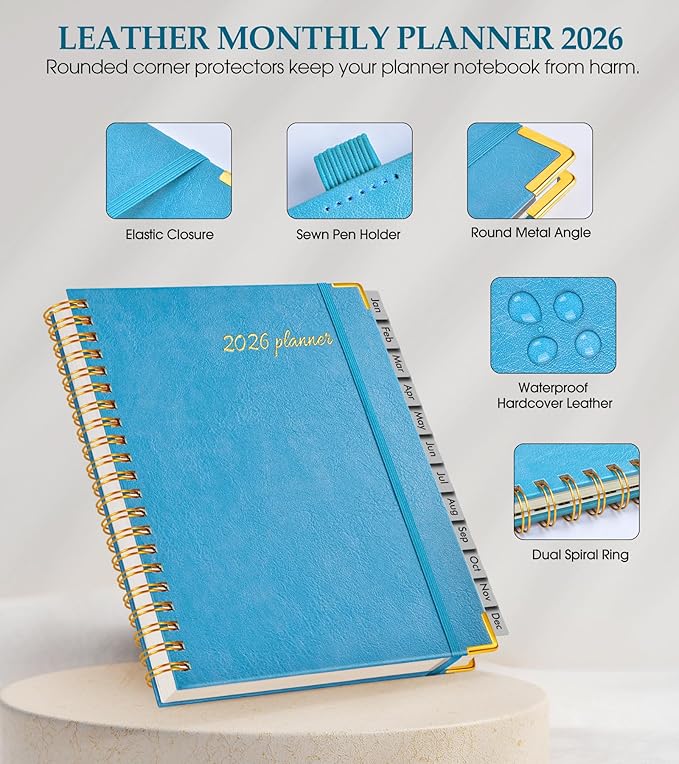 2026 Planner, Weekly and Monthly Calendar Planner from January 2026 - December 2026, 5.75" x 8.38" Hardcover Leather Hourly Appointment Book with Tabs, A5 Spiral Daily Planners for College School Work Home, Sky Blue