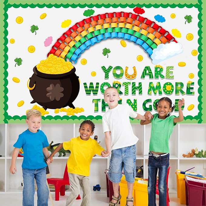 St.Patrick's Day Bulletin Board Decoration Set 3D Rainbow Shamrock Gold Coin Cutouts You are Worth More Than Gold Classroom Bulletin Board for School Chalkboard Wall Decor St. Patrick Party Supplies