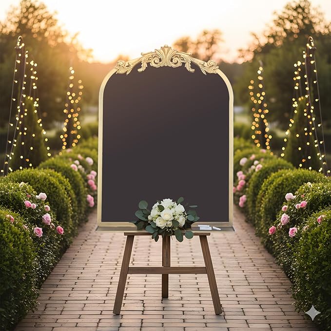 Vintage Magnetic Arch Chalkboard with Shelf - 18"x24" Decorative Wall Mounted Ornate Gold Framed Blackboard with Chalk, Clips & Cloth - Elegant Wedding Sign & Kitchen Menu Home Decor