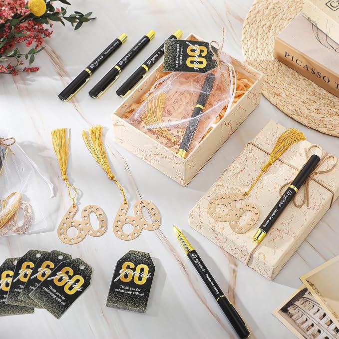 Spakon 25 Set 60th Birthday Party Favor for Guest Anniversary Party Favor Golden Birthday Bookmark Thanks Coming Pen with Tag Appreciation Gifts for Women Men Wedding Anniversary