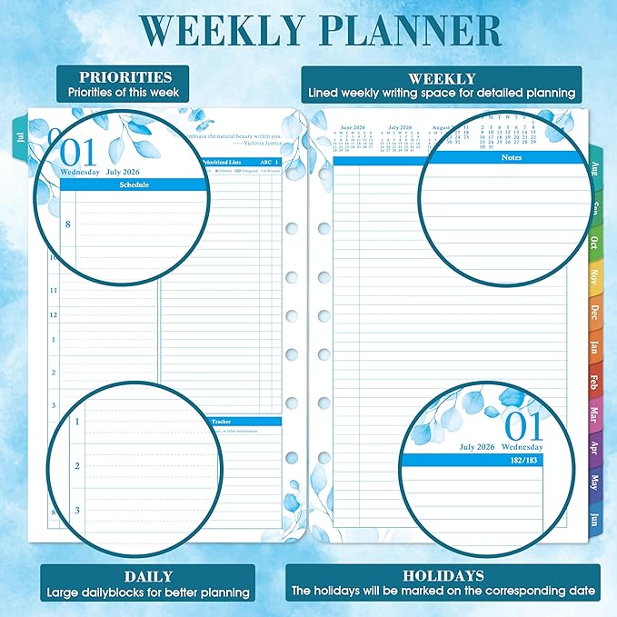 Planner Refills - 2026-2027 Planner Refills, July 2026 - June 2027, 2 Pages Per Day Daily ＆ Monthly Planners, A5 Planners Inserts, 5.51" x 8.38", Daily Tracker, 7-Hole Punched