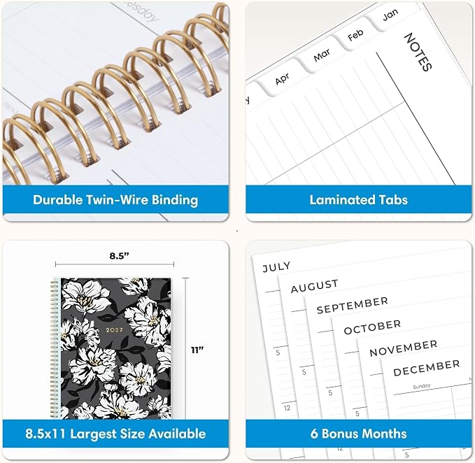 Blue Sky 2027 Weekly and Monthly Planner Calendar, January 2027 - December 2027, 8.5" x 11", Clear Pocket Cover, Laminated Tabs, Durable Twin Wire Binding, Storage Pocket, Baccara Dark