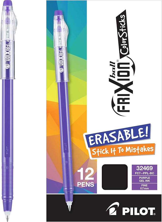 Pilot, FriXion ColorSticks Erasable Gel Ink Pens, Fine Point 0.7 mm, Pack of 12, Purple