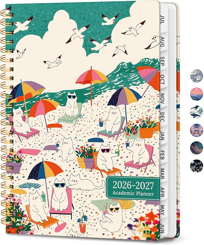 2026–2027 Academic Planner, Weekly and Monthly Planner for Women, July 2026 - June 2027, Pretty Hardcover 2026–2027 Academic Planner with Tabs, Inner Pocket, Spiral Bound, Perfect Office Home School Supplies - 6.3" x 8.5", Cat Beach