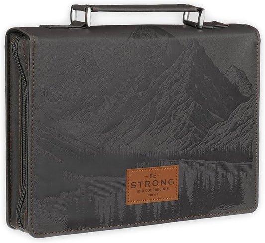 Christian Art Gifts Premium Classic Vegan Leather Bible Cover for Men & Women: Strong and Courageous Inspirational Bible Verse, Protective Book Carry Case, Gray, Medium