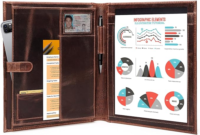 Leather Portfolio Binder, Professional Organizer Padfolio – Resume Folder, Business Card & Document Holder, Portfolios for Men & Women, Office & Business Supplies by LushLuxeoria | (Medium - Brown)