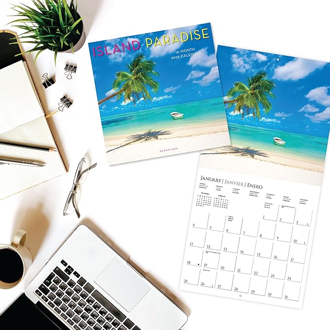 Graphique 2026 Island Paradise Wall Calendar | 12” x 12” | Thick Paper | Home & Office Organizer | Large Monthly Grid | 3 Languages & Marked Holidays | 4 Month Preview Page for 2027