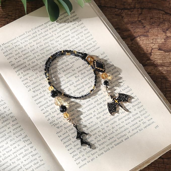Black Dragon Wing Beaded Bookmark - Fantasy Gothic Beads Book Mark for Women & Men, Unique Aesthetic Accessories Bookish Gifts for Booklovers Students Teachers