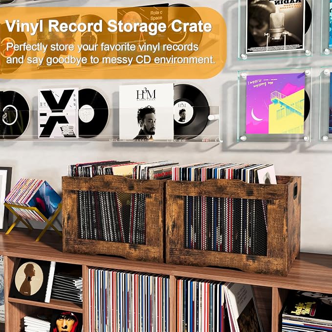 Pack of 2 Vinyl Record Storage Crate, Stackable LP Display Shelf, Heavy Duty Wood Organizer Box for Collectors/Store/Home/Office/School/Artistic Space/Garage/Warehouse, Brown