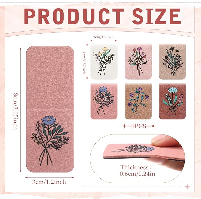 Hsei 6 Pcs Magnetic Leather Bookmark Floral Magnet Leather Book Marker Clips Accessory Women Flower Cute Reading Gifts for Bookworm Lovers Mother's Day Birthday Teacher's Appreciation Gift(Pink Brown)
