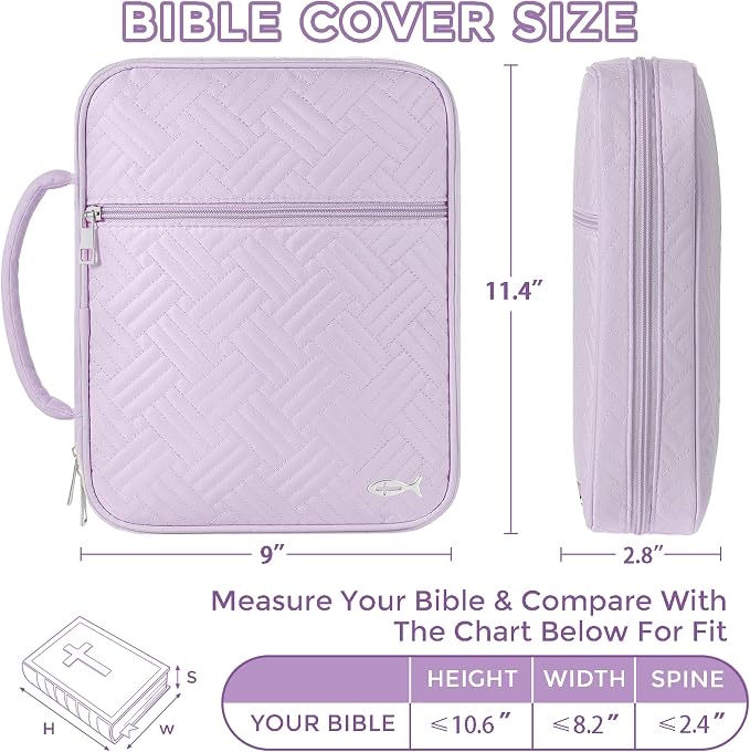 XKDOUS Bible Cover Case for Women, Large Bible Cover with Durable Handle, Washable Quilted Bible Case, Bible Study Supplies & Christian Gifts for Mom, Women, Men (Light Purple)