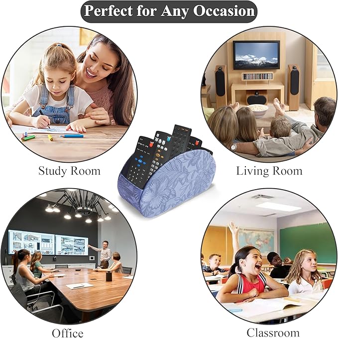 QIELIZI Remote Control Holder, PU Leather Remote Caddy Desktop Organizer with 5 Spacious Compartments for TV Remotes/Media Controllers/Office Supplies (1-Carved Blue
