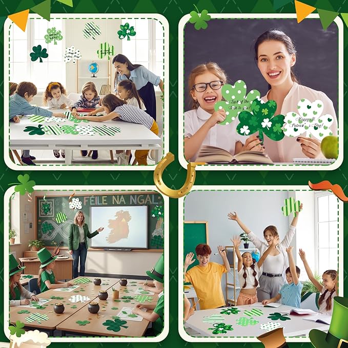 TaoBary 24 Pcs 7.09 Inch Large Shamrocks Cutouts St Patrick's Day Bulletin Board Decorations Lucky Green Irish Clover Shape Paper Cutouts for Classroom Office Ireland DIY Crafts Party Supplies