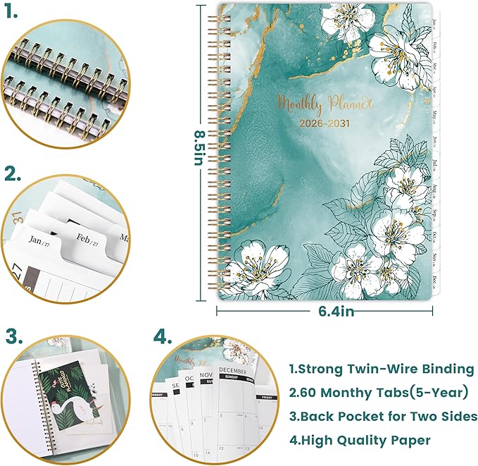2026-2031 Monthly Planner - 5 Year Planner/Calendar 2026-2031 Spiral Bound, July. 2026 - June. 2031, 6.3" x 8.4", Twin-Wire Binding + Tabs - Green