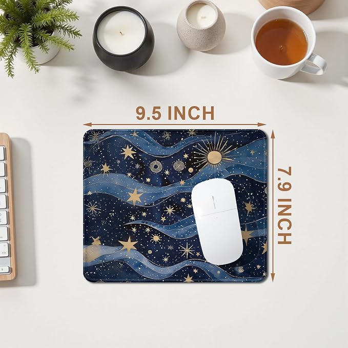 Fantasy Starry Night Sky Mouse Pad, Celestial Sun Star Galaxy Gifts for Women, Blue and Gold Galaxy Mouse Pad for Home Office Computer Gaming Desk Essentials, 9.5x7.9 Inch