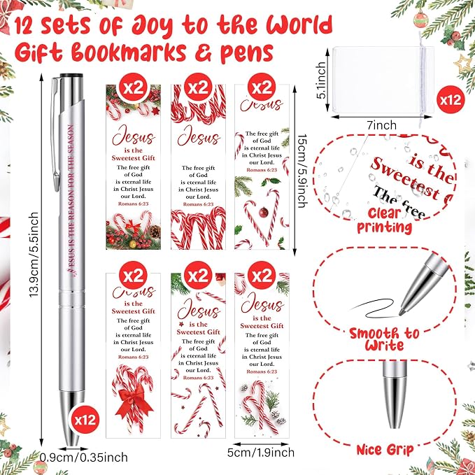 Dispowreath 24 Pcs/12 Sets Jesus is The Reason for The Season Gift, Include 12 Xmas Candy Cane Bookmark 12 Bible Verse Ballpoint Pen for Christmas Church Prizes Party Favors