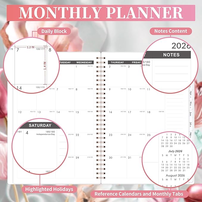 2026-2031 Monthly Planner - 5 Year Planner/Calendar, 5 Year Planner 2026-2031, Spiral Bound, Jul. 2026 - Jun. 2031, 6.4" x 8.5" Planners with Tabs, 60 Month Calendar, Two-Side Pocket - Pink Flower