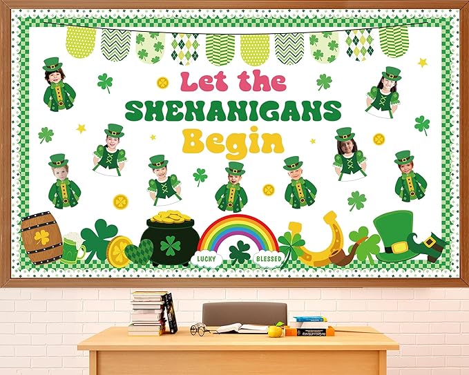 St. Patrick's Day Bulletin Board Decorations Set Leprechaun DIY Photo Craft Cutouts Green Lucky Shamrock Rainbow Irish Classroom Decoration for Holiday Party School Home Office Chalkboard Wall Decor