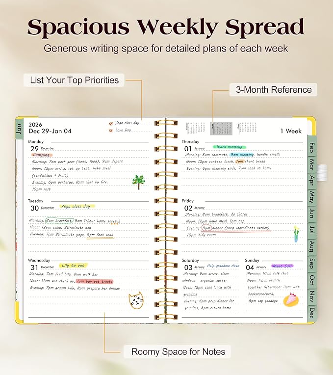 2026 Planner, Hardcover Weekly and Monthly Planner for Women, January 2026 - December 2026, Spiral Yearly Agenda Organizer Book 2026 with Tabs, Daily Calendar Planners for School Work Home, A5 (5.75" x 8.38"), Petite Blooms