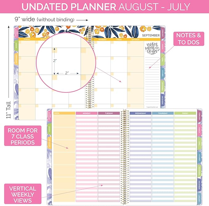 bloom daily planners Undated Academic Year Teacher Planner & Calendar - 7 Period Lesson Plan Organizer Book with Frosted Cover (9" x 11") (Watercolor Floral)