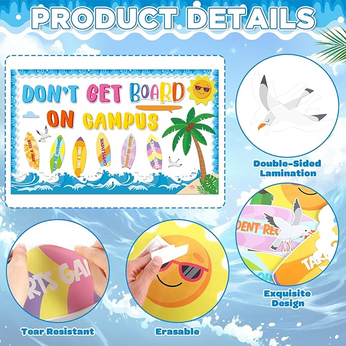 Summer Bulletin Board Set Summertime Classroom Decoration Don’t Get Board on Campus Bulletin Boards Hawaiian Theme Tropical Surfboard Beach Paper Cutouts for Summer School Home Chalkboard Wall Decor