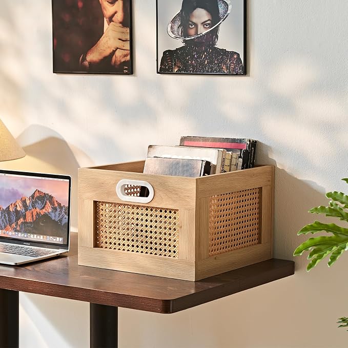 LELELINKY Vinyl Record Storage Crate, Rattan Vinyl Record Holder with Handle, Natural Wood Record Crate for Vinyls Holder up to 75 LP's, Desktop Cube Album Storage for Vinyls Records