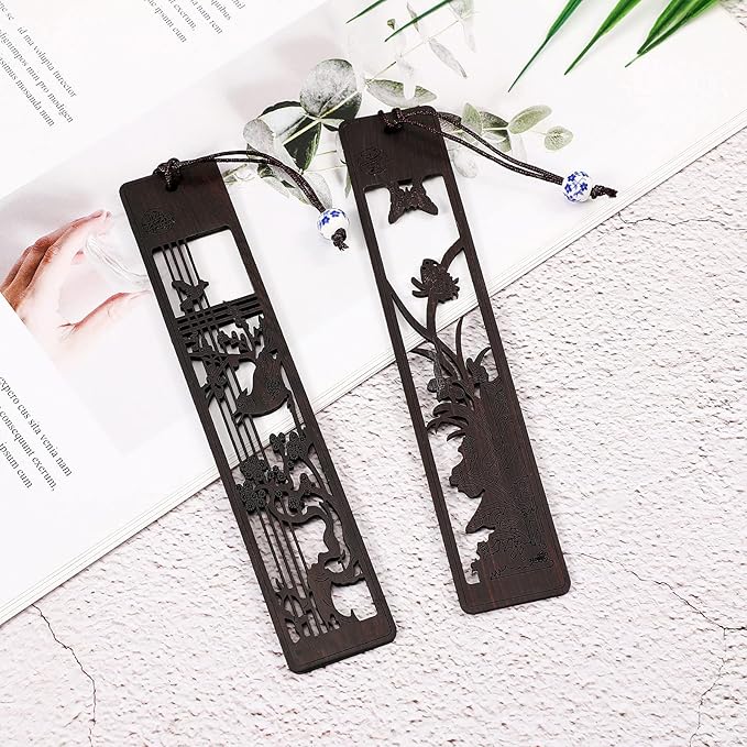 Outus 4 Pieces Wooden Bookmarks for Men Women Employee Father's Day Appreciation Gifts for Men Back to School Gifts Vintage Handmade Natural Carving for Book Lovers Birthday(Hollow Style)