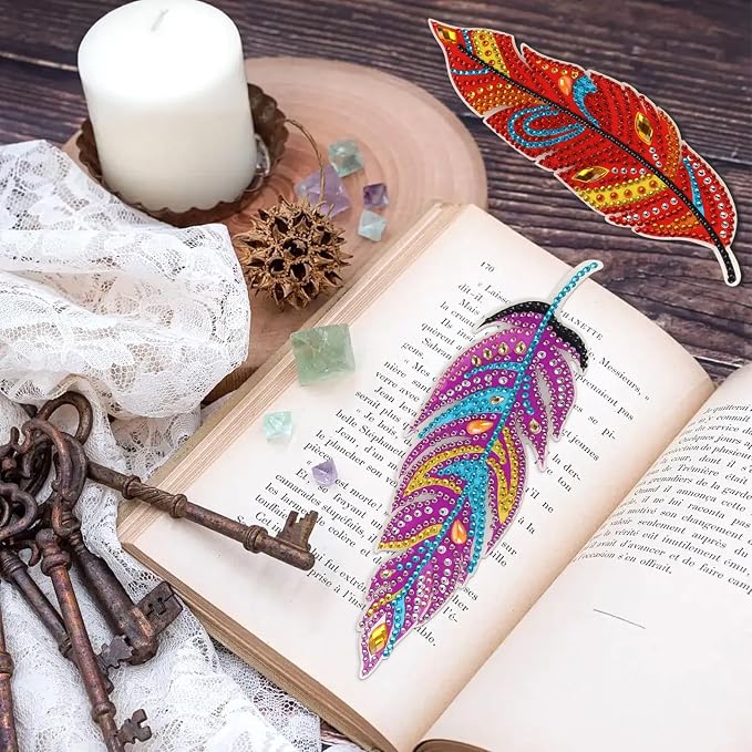 Hooqict 6Pcs 5D Diamond Art Painting Bookmarks Acrylic Diamond Art Feather Bookmark with DIY Painting Kits for Beginners Kids Adults Book Lovers Birthday Graduation Halloween Christmas Gift