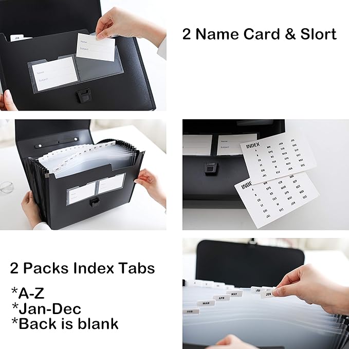 FANWU 26 Pockets Expanding File Accordion Folder with Handle - Letter A4 Paper Size - Expandable Large Plastic File Folder Wallet Monthly Portable Document Organizer with Flap & Buckle (Black)