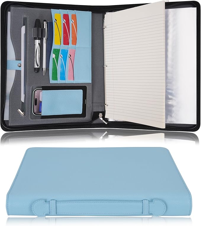 Wonderpool Travel Zippered Portfolio 3 Ring Binder A4 Padfolio Document Case with Removable Clipboard Legal Pad Holder, Business Office School Organizer for Men and Women (Light Blue)