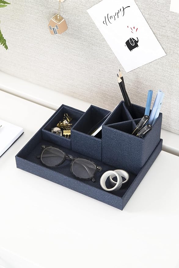 Bigso Box of Sweden Desk Storage Organiser for Stationery - Pen Holder with 4 Compartments for Various Office Items - Fibreboard and Paper Stationery Storage - Blue