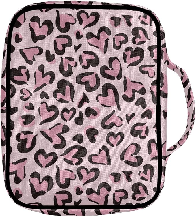 Coldinair Pink Love Leopard Print Bible Cover for Women Teens Kids,Durable Carrying Book Case Church Bag Bible Holder with Handle and Zippered Pocket