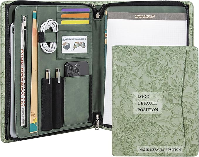 AZXCG Leather Portfolio with Zipper, Embossed PU Leather Padfolio Folio, Professional Business Document Organizer with A4 Letter Sized Writing Pad Holder(Green, Custom)