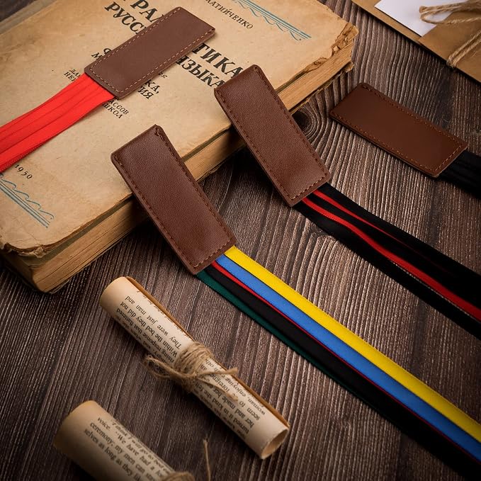 Chinco 4 Pieces Bible Ribbon Bookmark Colorful Ribbon Bookmark Artificial Leather Ribbons Bookmarks Page Markers with 5 Ribbons Colors for Books Novel Bible Reading Lovers Students Teachers Gift