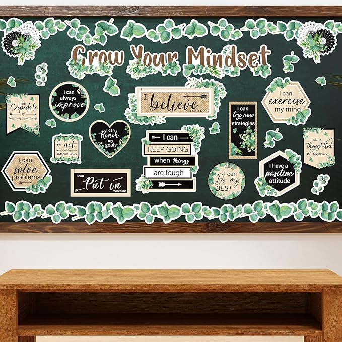 FYSUIMU 42Pcs Grow Your Mindset Bulletin Board Set Eucalyptus Leaves Greenery Paper Cutouts with 100Pcs Glue Points for Back to School Party Classroom Craft Wall Decor