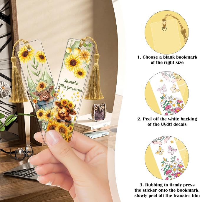 AFRITEE UV DTF Bookmark Wraps - 24 Sheets Cute Highland Cow Blank Bookmark UV DTF Stickers, Sunflower Flower Double-Sided Waterproof Transfer Sticker Decals Decoration Gift for Book Lovers