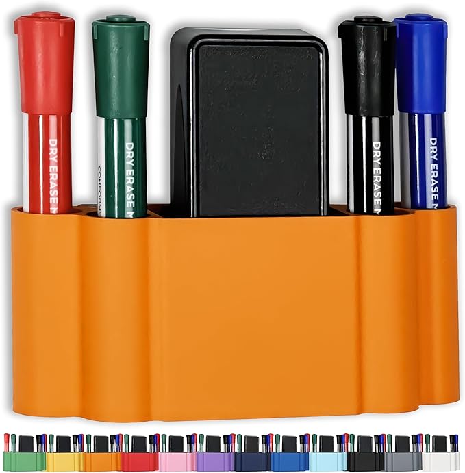 Glassboard Studio Magnetic Dry Erase Marker Holder - Super Strong for Magnetic Glass Whiteboard or Fridge - 2 Large Neodymium Magnets - No Slip Grip - Eco-Friendly PLA Plastic (Tangerine Orange, KIT)