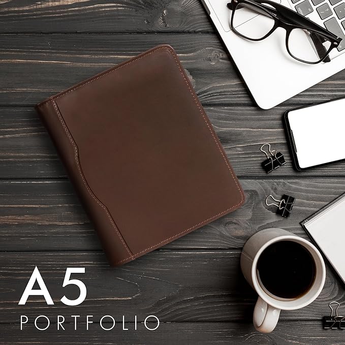 ELIZO Leather A5 Portfolio Padfolio Folio A5 Notebook Journal Cover Planner Binder Small Mens Business Work Folder Organizer (Buff)