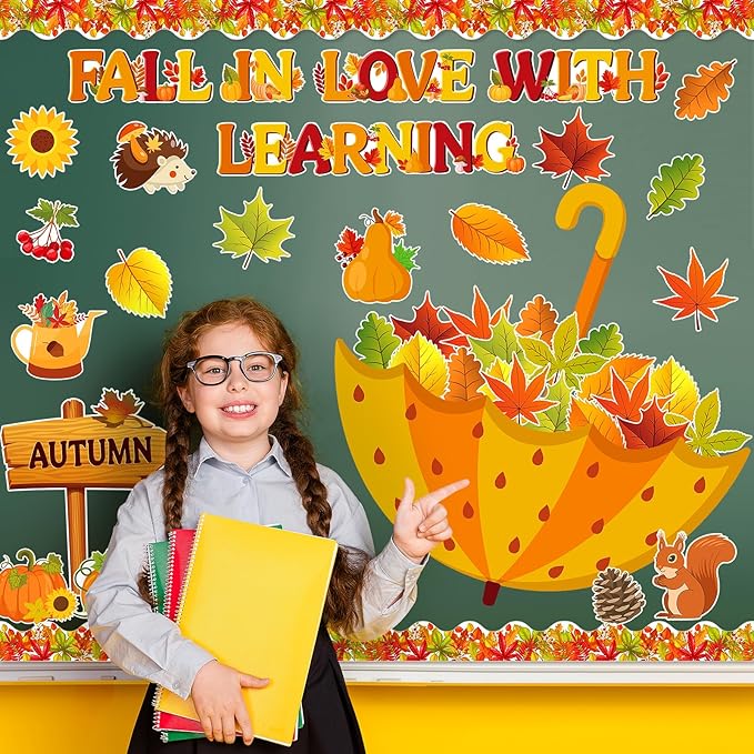 Fall Bulletin Board Decorations Fall in Love with Learning Classroom Bulletin Board Set Autumn Maple Leaves Umbrella Pumpkin Cutouts for School Office Home Wall Thanksgiving Decor