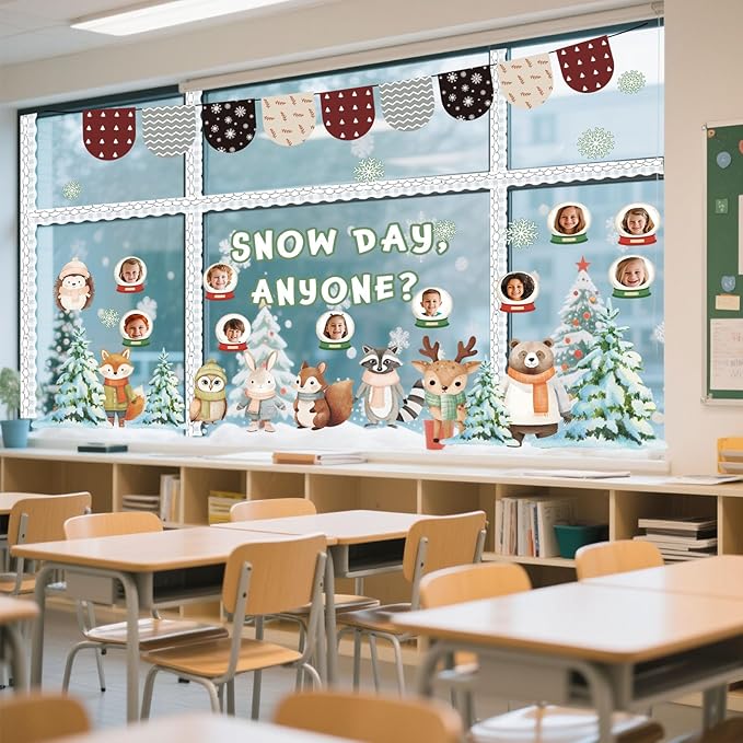 Funrous 68 Pcs Winter Woodland Bulletin Board Decoration Set DIY Photo Forest Animal Classroom Bulletin Board Snow Day Cutouts for Xmas Winter Holiday Party School Classroom Wall Decorations