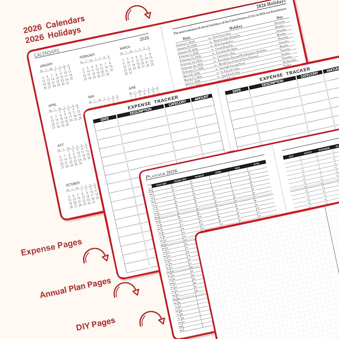 Daily Planner 2026, Calendar 2026 Agenda Planner Daily Journal Notebook 8.5"x5.8", January 2026 to December 2026, Faux Leather Cover (Red, 8.5"×5.75")