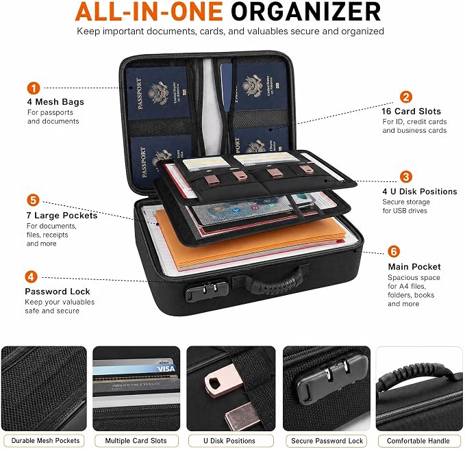 TILYMOL fireproof document organizer (5200℉) - Upgraded Heat Insulated Layers, Fireproof Document Box with 13 Pocket Accordion File Folder, Portable Home Travel Safe Storage for Important Documents