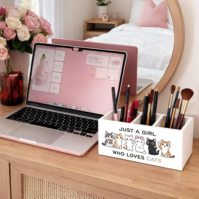 Cat Lover Desk Organizer Wooden Pen Pencil Holder for Desk, 3 Compartments Office Desk Accessories, Just A Girl Who Loves Cats Desk Decor, Cute Cat Gifts for Women Home Office Desk Storage