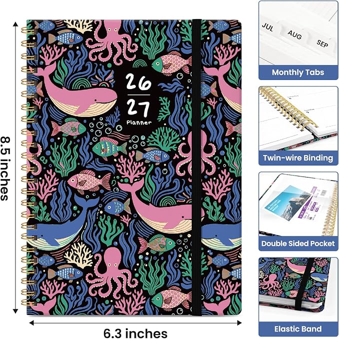 Planner 2026–2027, Academic Year Monthly & Weekly Calendar Book, Jul 2026–Jun 2027, Hardcover Organizer with Tabs, Student & Teacher Planner, 6.3" x 8.5", Pelagia Parade