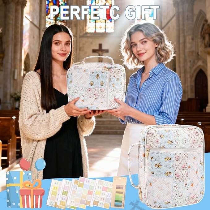 Zkptops Bible Cover Case for Women Girls Large Bible Bag Cotton Quilted Floral Bible Carrying Case with Zipper Pocket and Handle Christian Carrying Book Cover for Christian Study Supplies Accessories